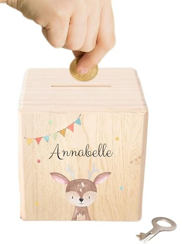 wunderwunsch - Personalisierte Spardose Kinder aus Holz mit Metallschloss - Spardose mit Namen mit kinderfreundlichem UV-Druck zum Sparen für Kinderträume