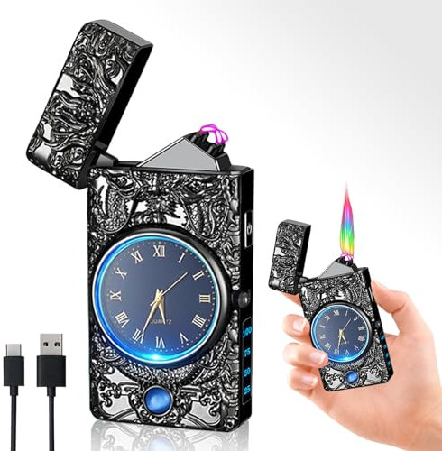 Sylanda Encendedor eléctrico de arco eléctrico, con reloj y función de iluminación LED, resistente al viento, sin llama, para cocina, camping, barbacoa