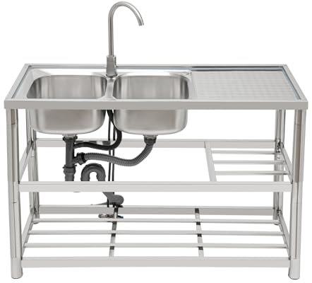Lavello autoportante in acciaio inox, 2 vasche da cucina, set completo, 120 x 45 x 80 cm