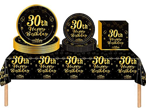 53Pcs Black Gold 30th Happy Birthday Party Tableware Decorations for Him Plastic Table Cloth,7,9inch Paper Plates,Napkins for Men Birthday Table Party Tableware Set for Men Adults Birthday Party
