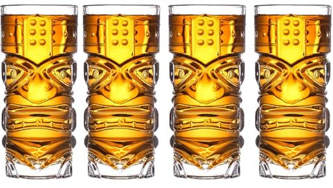 BAKAMITAYI Lot de 4 verres Tiki en verre, parfaits pour Mai Tai, cocktails exotiques zombies, boissons aux îles tropicales, bar professionnel hawaïen, fête hawaïenne