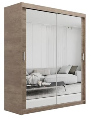 ELUKS SKY Double Sliding Doors Wardrobe with Mirror Drawers Furniture for Bedroom Living Room and Hall Wardrobe Organizer Width 100cm/120cm/150cm/180cm/200cm (Sonoma Oak, 120cm+ 2 drawers)