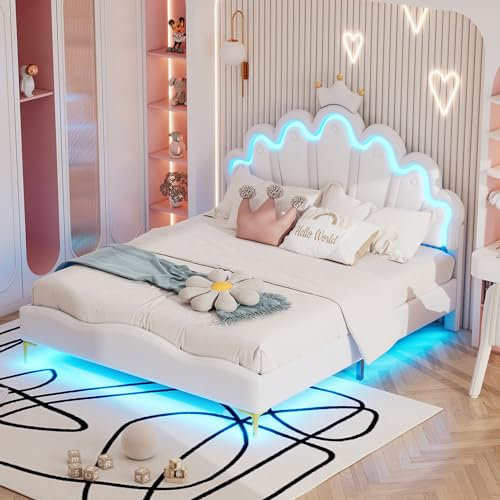 Kinderbett Doppelbett 140x200, Kronen-Prinzessinnenbett mit Höhenverstellbarem LED Kopfteil und Lattenrost, Bett Polsterbett Mädchenbett Rückenlehne Bettgestell Bettrahmen, PU, Ohne Matratze, Weiß