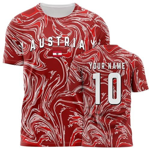 Purple Print House Austria Retro Football Shirt for Men 3D Printed Inspired Pattern Custom Name and Number Austria Text Tshirt, L, Red