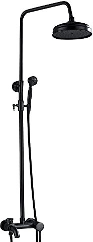 CLEADONG Système de douche en acier inoxydable, colonne de douche, avec hauteur réglable de 80 à 120 cm et 2 poignées, système de douche rond rétro, noir, 17 x 15 x 120 cm