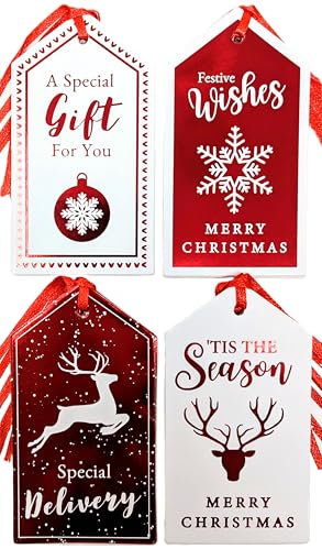 20 Luxury Scandi Christmas Gift Tags – Red & White Nordic Designs with Pre-Attached Ribbon – Eco-Friendly Packaging – Reindeer, Snowflake & Festive Designs – 11 x 6cm