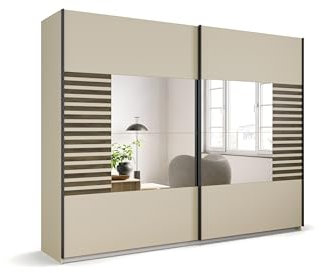 möbelando Schwebetürenschrank >Barea< 3 Böden, 3 Stangen, Eiche dunkel Dekor/Champagner - 271x210x62cm B/H/T