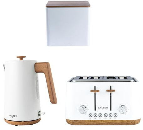 Salter Toronto 3-Piece Countertop Set – 1.7L Kettle with Boil-Dry Sensor & Auto-Shut Off, 4-Slice Toaster with 6 Browning Levels, Bread Bin, Carbon Steel with Wooden Lid, 3000W/1630W, COMBO-9406