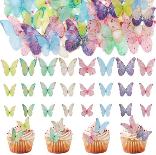 Essbare Schmetterlinge Bunt 40 Stück Esspapier Tortendeko Essbar Mädchen Schmetterling Kuchen Topper Dekorationen Cupcake Toppers Deko Torte Essbar für Torte Muffin zum Geburtstag Hochzeit Taufe
