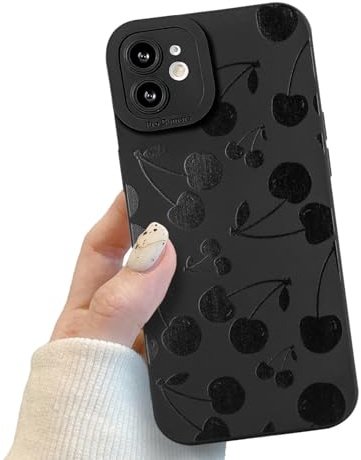 Potok Black Cherry Phone Case for iPhone 12, Black Cute Cherry Pattern for Women Girls, Soft TPU Slim Profile Shockproof Protective Phone Case for iPhone 12