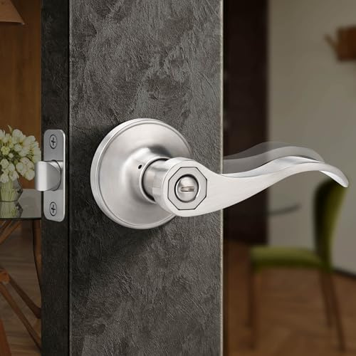 Moquin Wave Design Privacy Door Lever Without Keys, Reversible Door Handle for Right/Left Side Bathroom/Bedroom Door Lock in Satin Nickel Finish