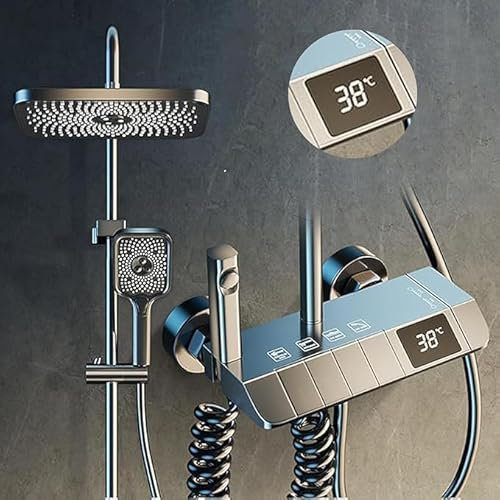 Duschsystem mit Thermostat, Regendusche mit Armatur & Digital Anzeige, Komplettdusche Duscharmatur mit Duschkopf Schlauch Bidet Handbrause, Aufputz Duschset Grau