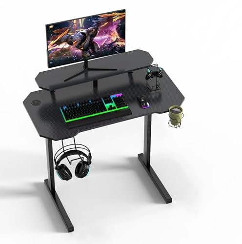 OXFENSEE Bureau Gaming Informatique Ergonomique, Bureau Gamer avec Support de Moniteur,Socle en Forme de L, Gaming Desk avec Porte-Gobelet,Crochet pour Casque d'écoute (100x55x75cm, Noir)