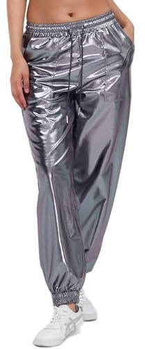 AGYMNX Damen Metallic Glänzend Hose mit Kordelzug Lackleder Jogger Casual Wetlook Cargohose Hologramm Hip Hop Tanzhosen für Nachtclub Disco Club Theme Party