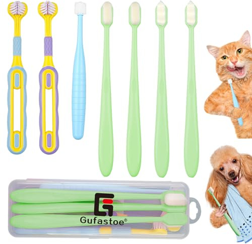Gufastoe 7 Stück Haustier Zahnbürste, Zahnbürste Für Hunde Und Katzen, 2 Stück Dreifach Köpfe Hundezahnbürsten Multi-Winkel-Zahnreinigungsset für Kleine, Mittelgroße und Große Haustiere