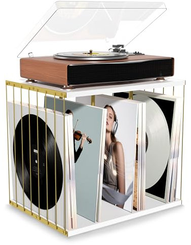 Emfogoo Vinyl Record Storage, Metal & Wooden Vinyl Record Holder Up to 80 LP Albums, 3-Compartment Record Player Stand for Magazine, Book, Files, Albums (White)