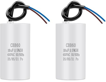 2 Stück CBB60 450V 10uF 50/60Hz Anlaufkondensator mit Kabel, Motorbetriebskondensator für Kompressor Lüfter Pumpe,Selbstheilender Motorkondensator AC Motor Startkondensator Entstörkondensator Rundform