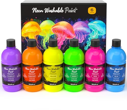 Nicpro Abwaschbares Leuchtfarbe 6 Farben X 500 ml, Fluoreszierende Neon Acrylfarben, Leuchten im Dunkeln, Ungiftig, Fluoreszierende Farbe für Diy-Projekte, Partybekleidung, Halloween, Weihnachtsdeko