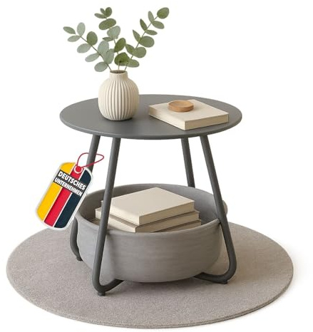 Couchtisch KOSI Grau aus Metall Ø 45 x 45 cm mit Aufbewahrungskorb Canvas, Beistelltisch rund mit Ablage - Wohnzimmertisch im Vintage Style, Sofatisch, Gartentisch mit Stoffkorb, zerlegt