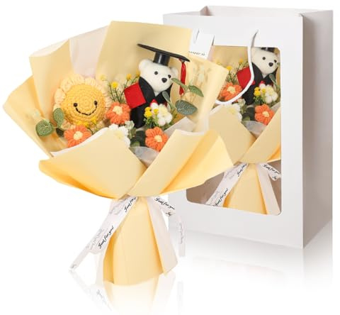 RUIOMII Gelbe Bären, gehäkelter Blumenstrauß, wunderschöner, handgefertigter Strickblumenstrauß, Abschlussgeschenk für Sie und Ihn, Muttertag, Geburtstag, Hochzeitstag
