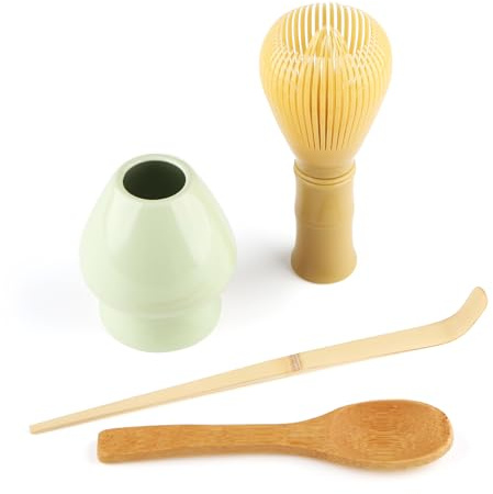 4 Piece Matcha Japanese Ceremony Set, Resin Matcha Whisk, Bamboo Spoon, Bamboo Scoop, Whisk Stand, Perfect Set for Preparing, Yellow - Pale Green