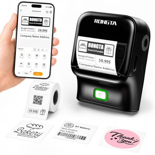 Rongta Bluetooth Label Maker Machine with Tape,Black | Thermal Label Printer Easy to Use for Office, Home, Business, Came with 1 Roll 2x1.18 inch White Label