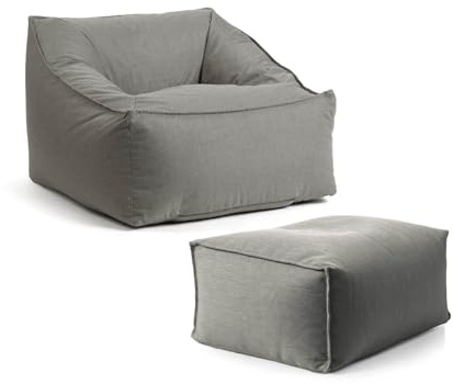 mokebo Gartensessel mit Hocker 'Der Sunnyboy' Made in Germany, Outdoor Sitzsack, Bean Bag mit Füllung, als Liegekissen, Gartenliege, Relaxliege, Bodenkissen oder Liege in Steingrau