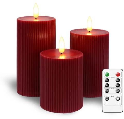 CiimWaa LED Kerzen 3er Set, Stumpenkerzen aus Echtwachs Batteriebetrieben | Flammenlose LED-Kerzen mit Timerfunktion und Fernbedienung, Flackernde Flamme, Dekorationfür Weihnachten, Hochzeit Rot