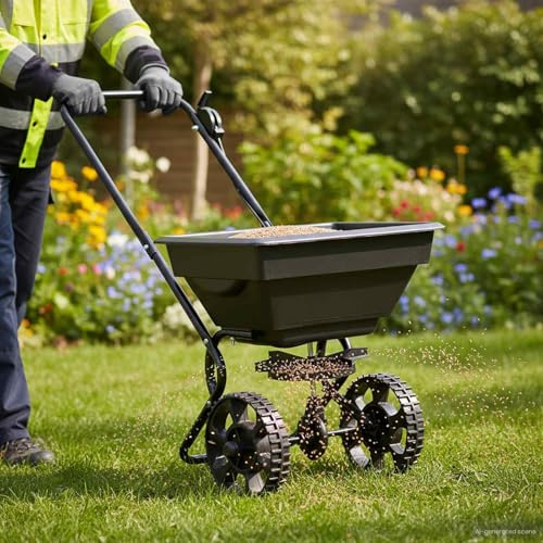 Runheo Épandeur Noir 82 x 46 x 75 cm PVC et Acier, Distributeur de Semences Engrais Gazon Pelouse Jardin, Granulés, Dosage Reglable, Résistant à l'abrasion, Idéal pour l'Extérieur