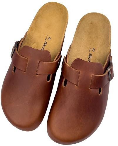 SchatTex Herren Clog aus Leder in der Farbe braun Hausschuh Pantolette Pantoffel EUR 45