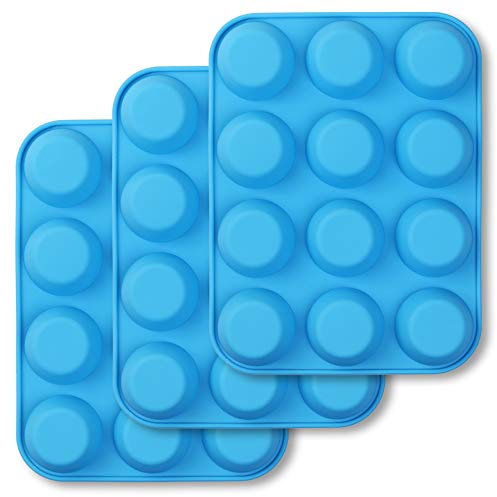 homEdge Muffin in silicone da 12 tazze, confezione da 3 stampini antiaderenti, teglia per cupcake, crostate, punture di uova-blu