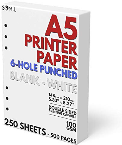 A5 Blanko-Papier, 6-fach gelocht, 250 Blatt (500 Seiten), 100 g/m², Druckerpapier 148 mm x 210 mm