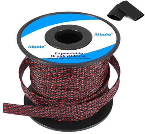 PET Expandable Braided Cable Sleeve Wire Loom Sleeving,Braided Wire Sleeve for Speaker Wire Audio Cable, PureBlack (100Ft 1/2Inch, BlackRed)