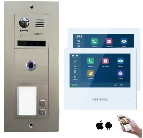 MATHFEL 2-Draht-Bus WLAN Video-Türsprechanlage mit Fingerprint-Sensor - Komplettes Set für 2 Familienhaus mit 2X 7-Zoll-Monitoren