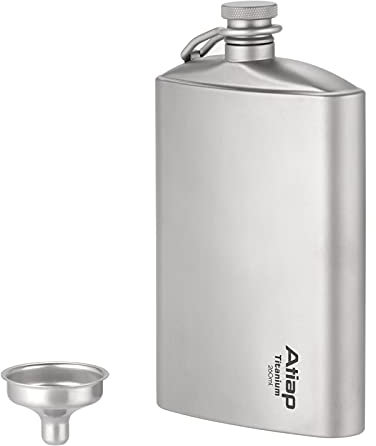 ATiAP Titanium Hip Flask with Stainless Steel Funnel, 260ML/ 8.8 fl oz Outdoor Portable Wine Pot Flagon Hip Flask with Screw Cap Clip