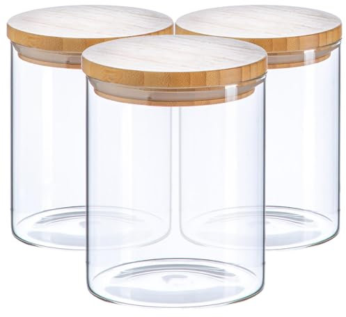 Argon Tableware Scandi Storage Jars with Wooden Lids - 750ml - 3 Pack - Modern Round Organisation Container Glass Jar for Kitchens, Pantry, Bathrooms, Utility Rooms