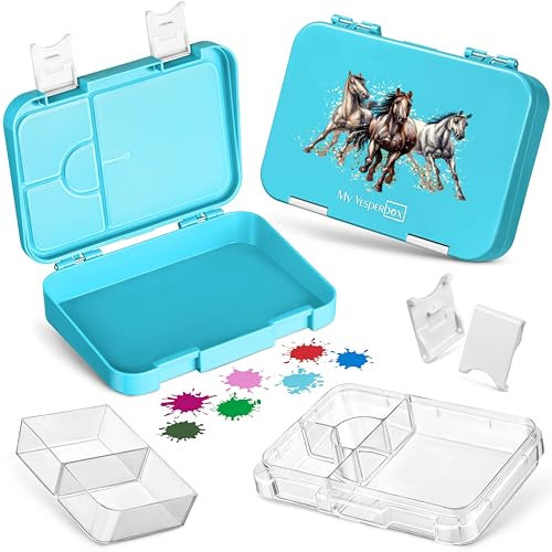 My Vesperbox – Len - Bento Box Kinder - Lunchbox mit 4+2 Fächern - extrem robust – Brotdose – Brotbox ideal für Kindergarten und Schule… (Hellblau - Pferde)