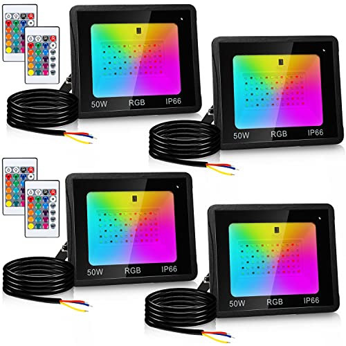 Lospitch 4X RGB Strahler Aussen, 50W Farbige LED Außenstrahler mit Fernbedienung, Farben Memory-Funktion, 16 Farben 4 Modi, Stimmungslicht mit Farbwechsel, Garage Hinterhof Garten Innen Außen