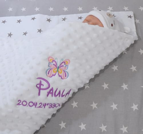 Generisch Babydecke mit Namen und Motiv Bestickt Minky Baumwolle Füllung personalisiert (75 x 100 cm, Weiß - Sternen 3)