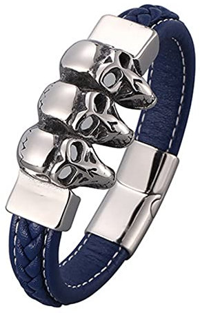 Skcess Lederarmband Herren Silber,3 Totenkopf Lederarmband Mit Magnetschnalle Rostfreier Stahl Armband Herren 18.5cm