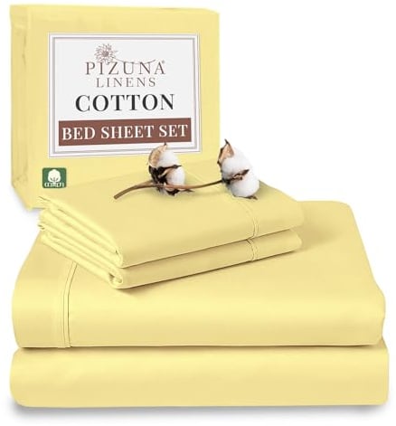 Pizuna 100% Cotton Super King Bed Sheet Set Mellow Yellow 400 Thread Count | 400 Thead Count Long Staple Cotton Bedding, 300x280 cm, Soft Sateen 4 Pc King -fitted Flat Sheet & 2 Pillowcases