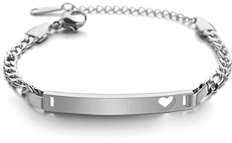JewelryWe Schmuck Armband Herren Damen Edelstahl Herz Figaro Kette ID Armkette Figaro-Armband Verstellbar Kettenarmband mit Hochglanz Poliert Gravurplatte Silber