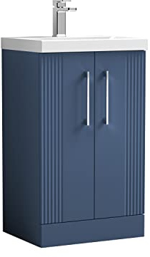 nuie DPF323A Deco Modern Bathroom Floor Standing 2 Door Part Fluted Vanity Basin Unit with Mid-Edge Ceramic Basin, 500mm, Satin Blue