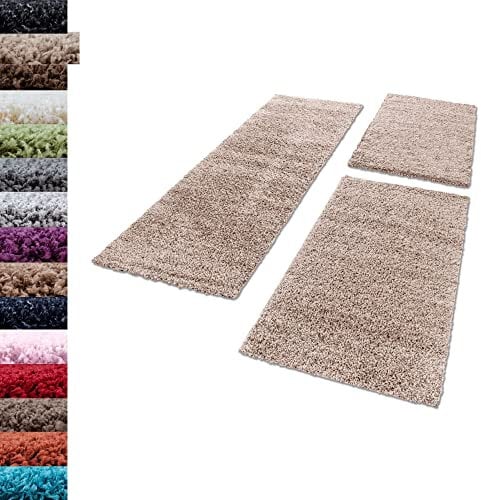 Carpettex Bettumrandung Schlafzimmer 3teilig Shaggy Teppich Hochflor Einfarbig Beige Bettset:2 mal 80x250 + 1 mal 100x200 - Bettvorleger Schlafzimmer Läuferset Weicher Flauschig Bettumrandung Teppich