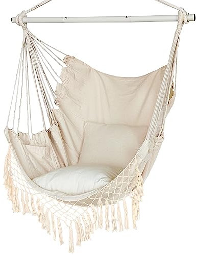 Hammock Chair, Hanging Rope Swing Seat with 2 Cushions,Macrame Hanging Chair Side Pocket With High Load-Bearing Metal Rod,for Indoor, Outdoor, Extra Comfortable