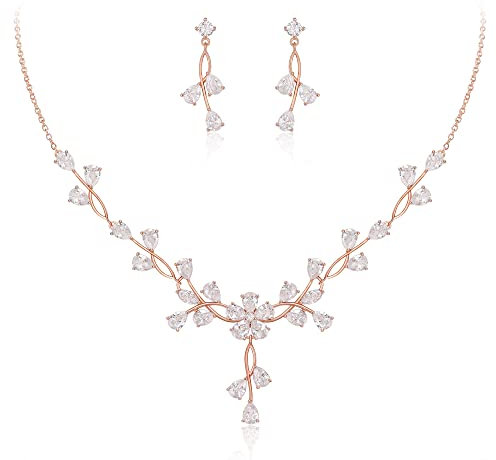 Clearine Hochzeit Schmuck Set für Braut Teardrop CZ Blume Blatt Filigrane Halskette Ohrringe klar Rose Gold-Tone
