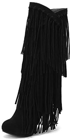 MJIASIAWA Donna Senza Chiusura Vintage Knee Stivali Con Le Frange Plateau Comodo Inverno Tacco A Spillo Alla Schiavae Warm Boots Nero Numero 37 EU/38 Asiatico