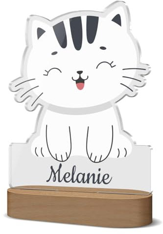 Katze Nachtlicht mit buntem Design und individuellem Namen - ideal als Geschenk zur Taufe oder zum Geburtstag | inklusive LED Fuß und USB-Kabel