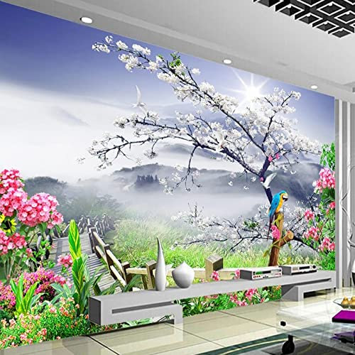 NEVRAH Papier peint 3D stickers muraux fleurs de cerisier rêveuses oiseaux jardin paysage salon chambre stickers décoratifs