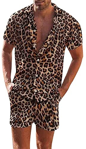 Chándal estampado de leopardo para hombre, transpirable, verano, playa, ligero, traje de ocio, botón de solapa, camisa hawaiana, pantalones cortos